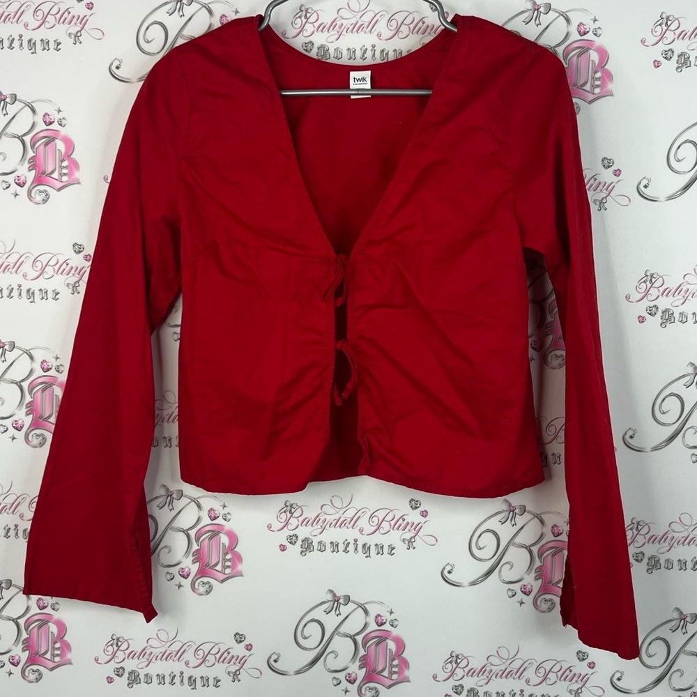 Twik long sleeve ribbon tie up front shirt v neck Bold Red Blouse